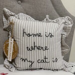 Home Is Where My Cat Is Striped Pinstripe Decorative Pillow Ruffles Embroidered